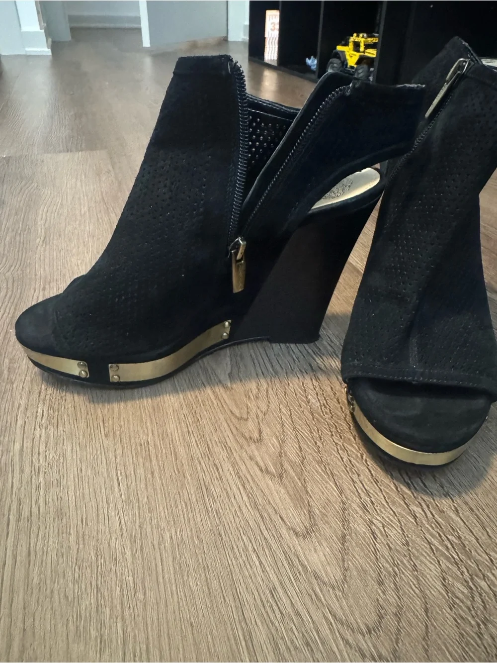 Vince Camuto Black Suede Open Toe/ Open Back Wedges